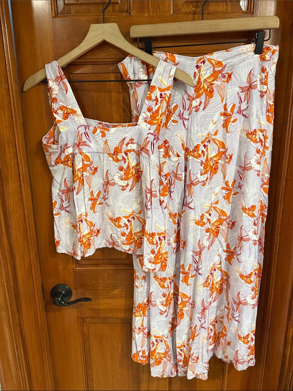 White Floral top and wide leg pant - Orange & Pink Floral Print set